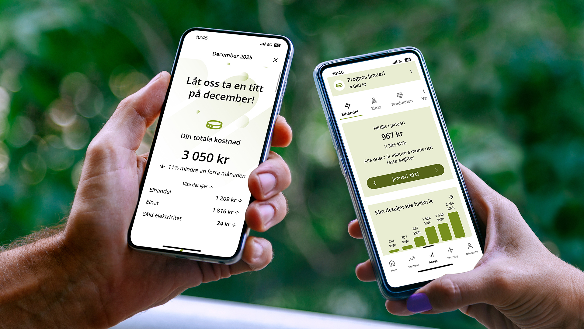 Två telefoner som visar vyer från appen. Ena mobilen visar nya månadsrapporten och andra nya analysvyn. 