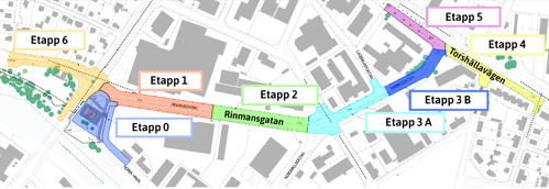 Karta med projektets etappindelningar