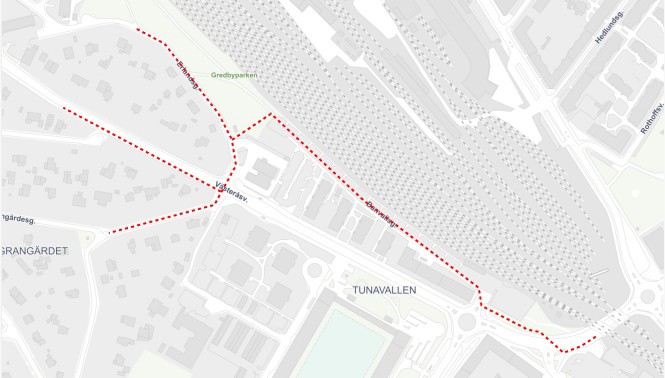 Karta över VA-arbetets sträckning längs Banvallsgatan, Erlandsgatan, Grangärdesgatan och Västeråsvägen.