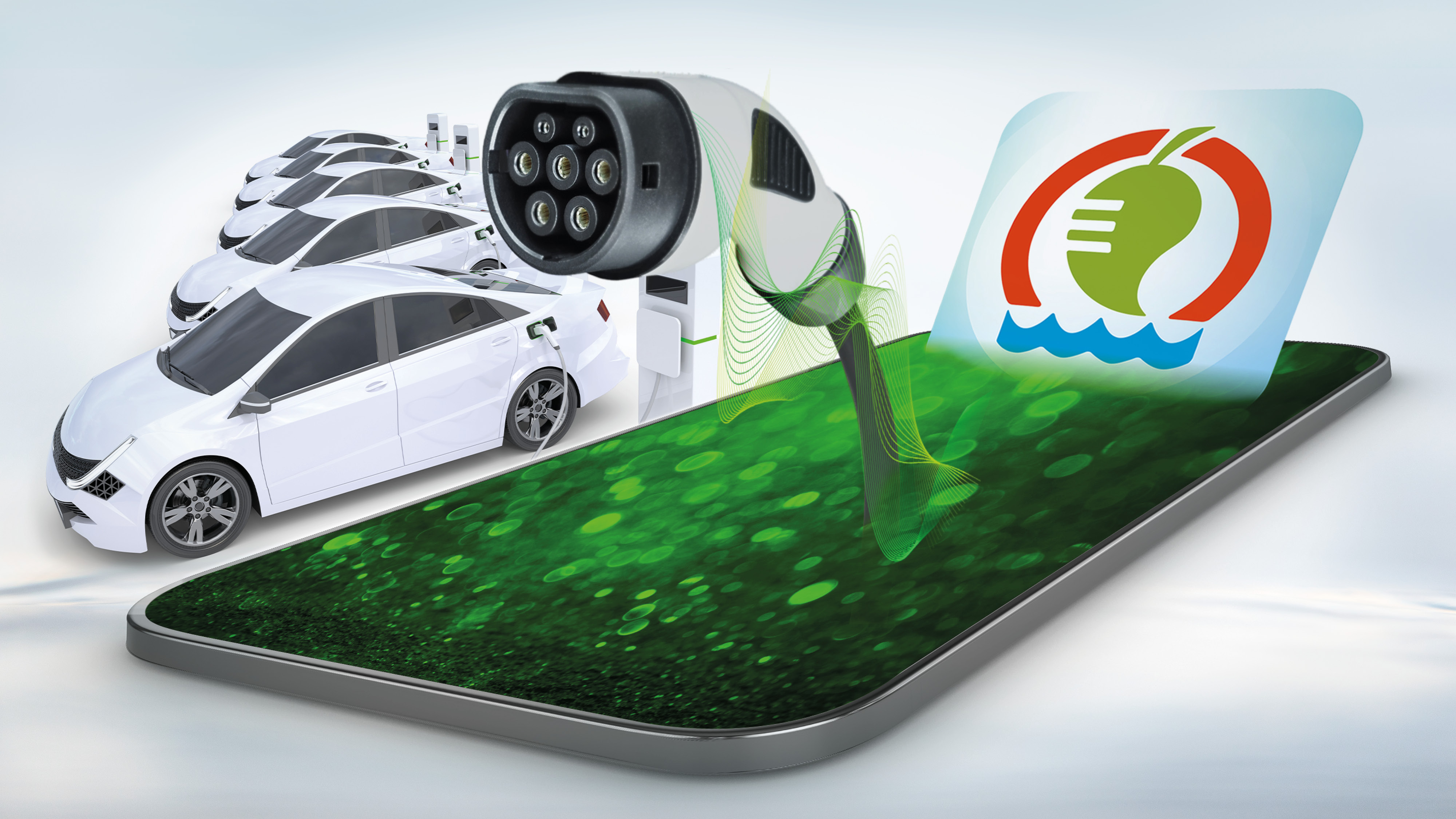 En laddkabel till en elbil kommer ut ur en mobiltelefon. I bakgrunden står fem elbilar på rad.