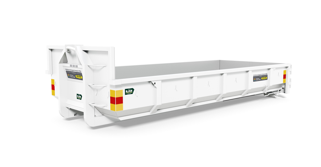 Stor, låg vit container från Eskilstuna Strängnäs Energi & Miljö