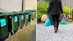 Bildkollage av gröna kärl för källsortering och person med färgade soppåsar på väg mot soptunna.