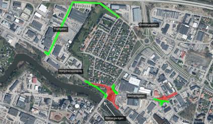 Tillfällig omledningsväg via Fraktgatan och Bredängsgatan