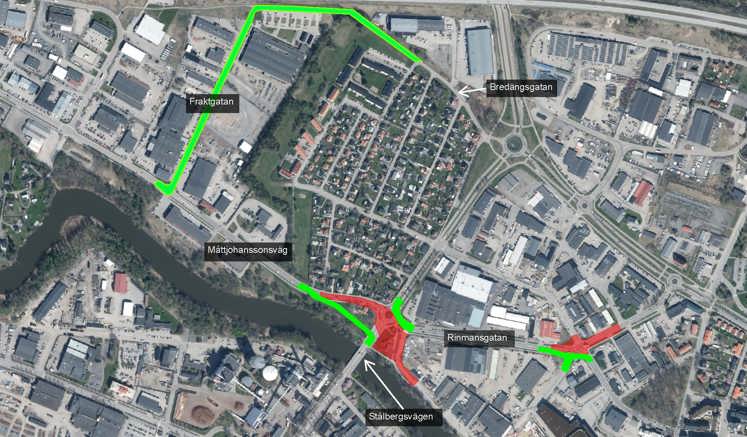 Tillfällig omledningsväg via Fraktgatan och Bredängsgatan