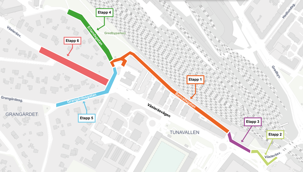 Kartvy över VA-arbetet på Banvallsgatan, Erlandsgatan, Grangärdesgatan och Västeråsvägen.
