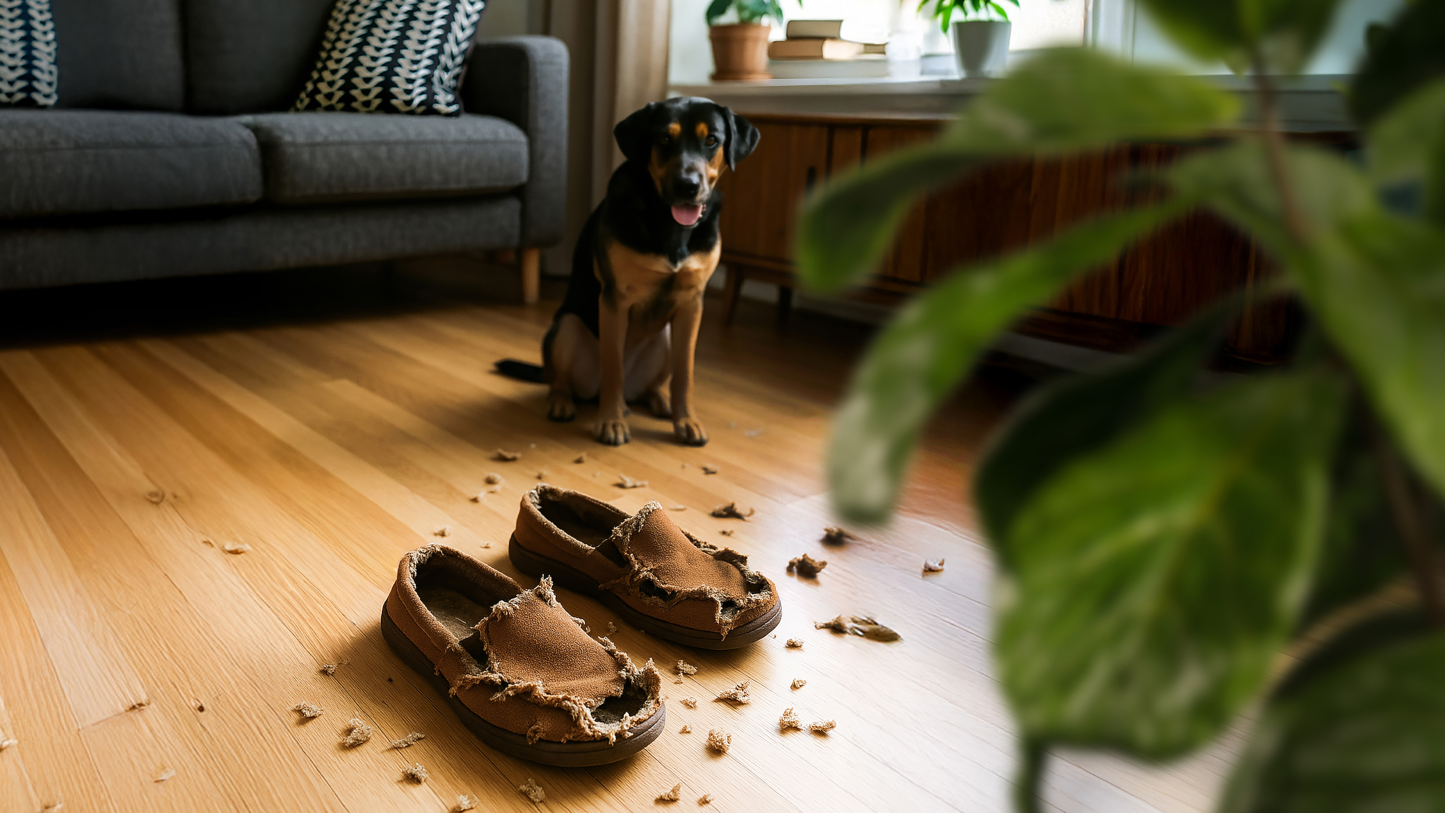 Söndertuggade tofflor på ett vardagsrumsgolv med en hund i bakgrunden.