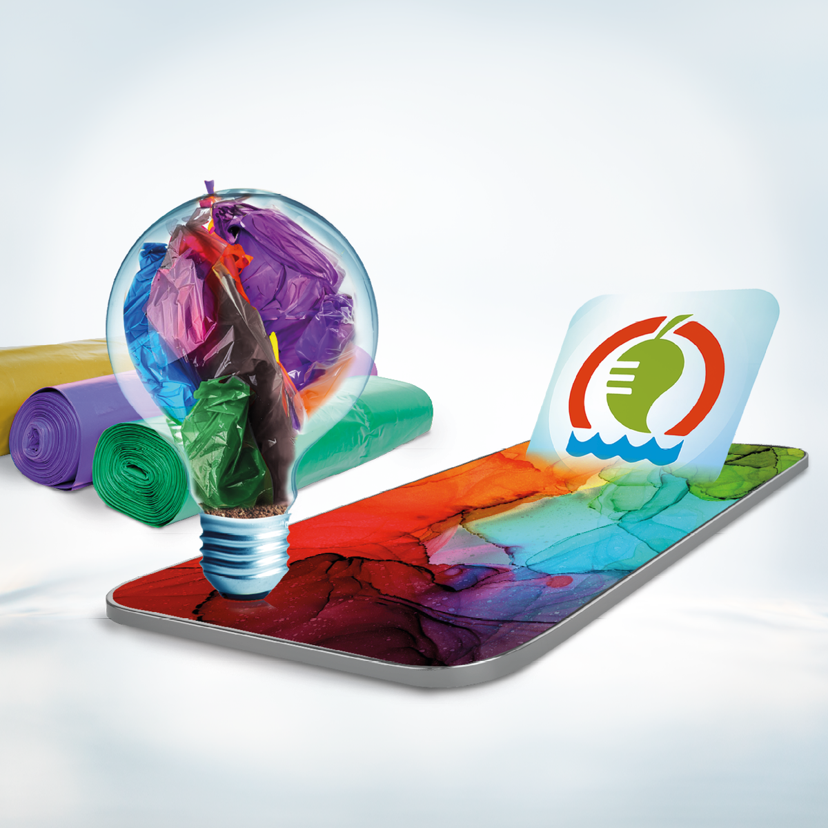 Mobiltelefon där EEM-appen syns på skärmen. I bakgrunden syns tre rullar med färgsorteringspåsar.