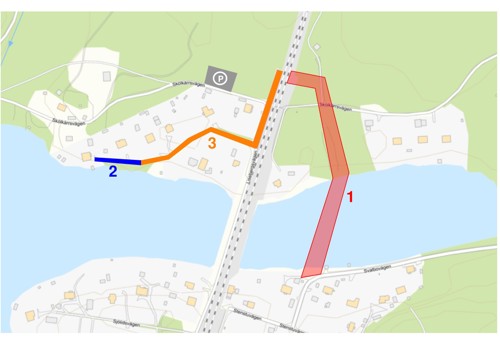 Karta med markerade etapper över grävarbetets sträckning.