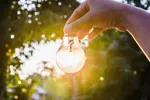 Glödlampa i hand ute i naturen.