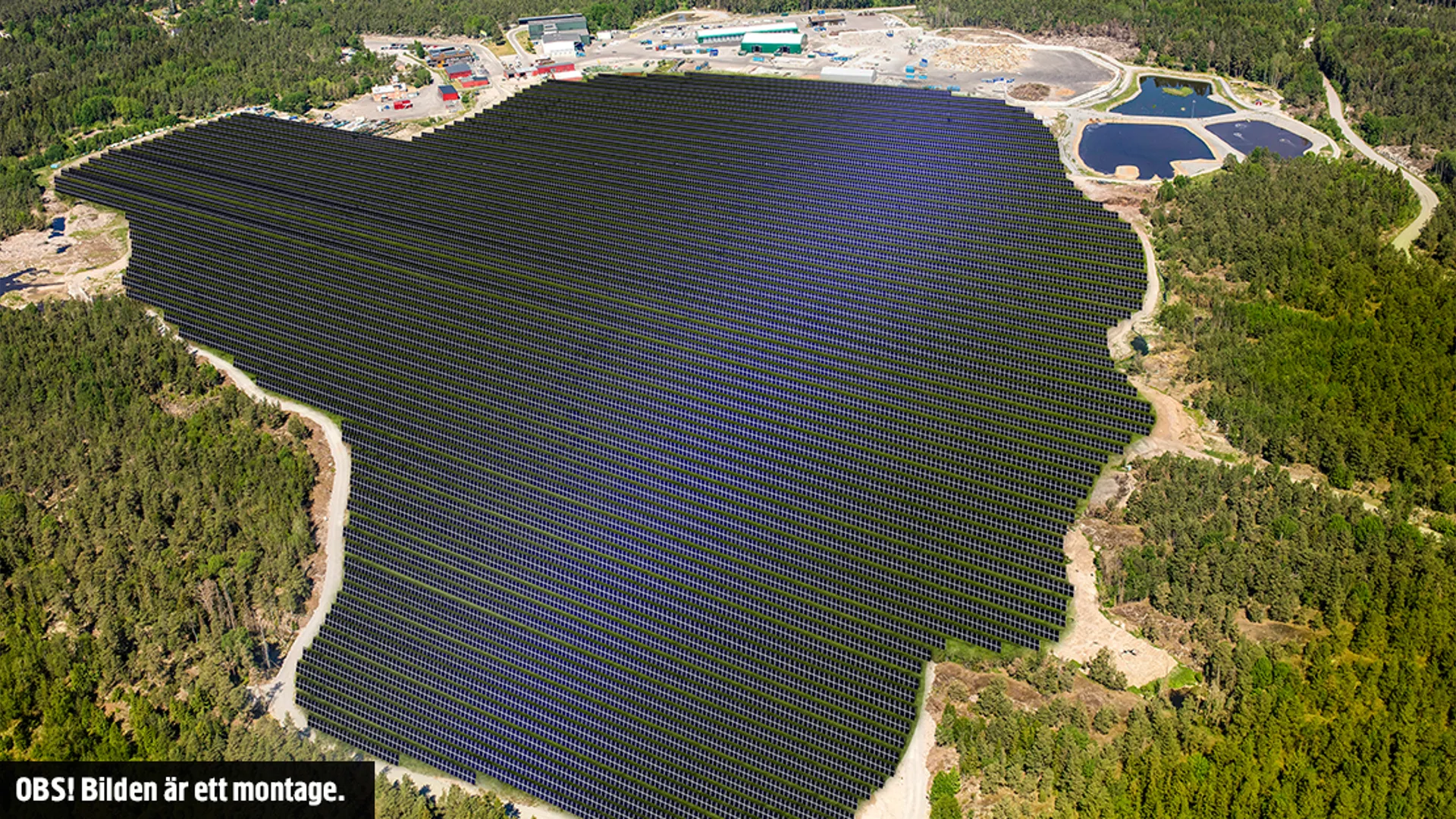Montage på hur solcellsparken på Lilla Nyby ser ut. Solpaneler placerade över stor yta av deponin. 