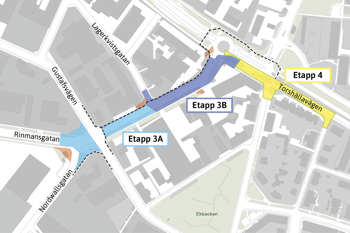 Karta över etapp 3A och 3B i VA-arbetet på Rinmansgatan.