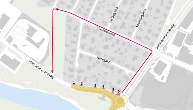 Karta över omledningsväg för gång- och cykeltrafikanter på Mått Johanssons väg
