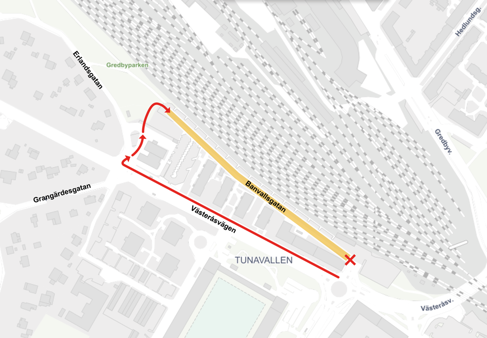Omledningsväg för trafik till Banvallsgatan.